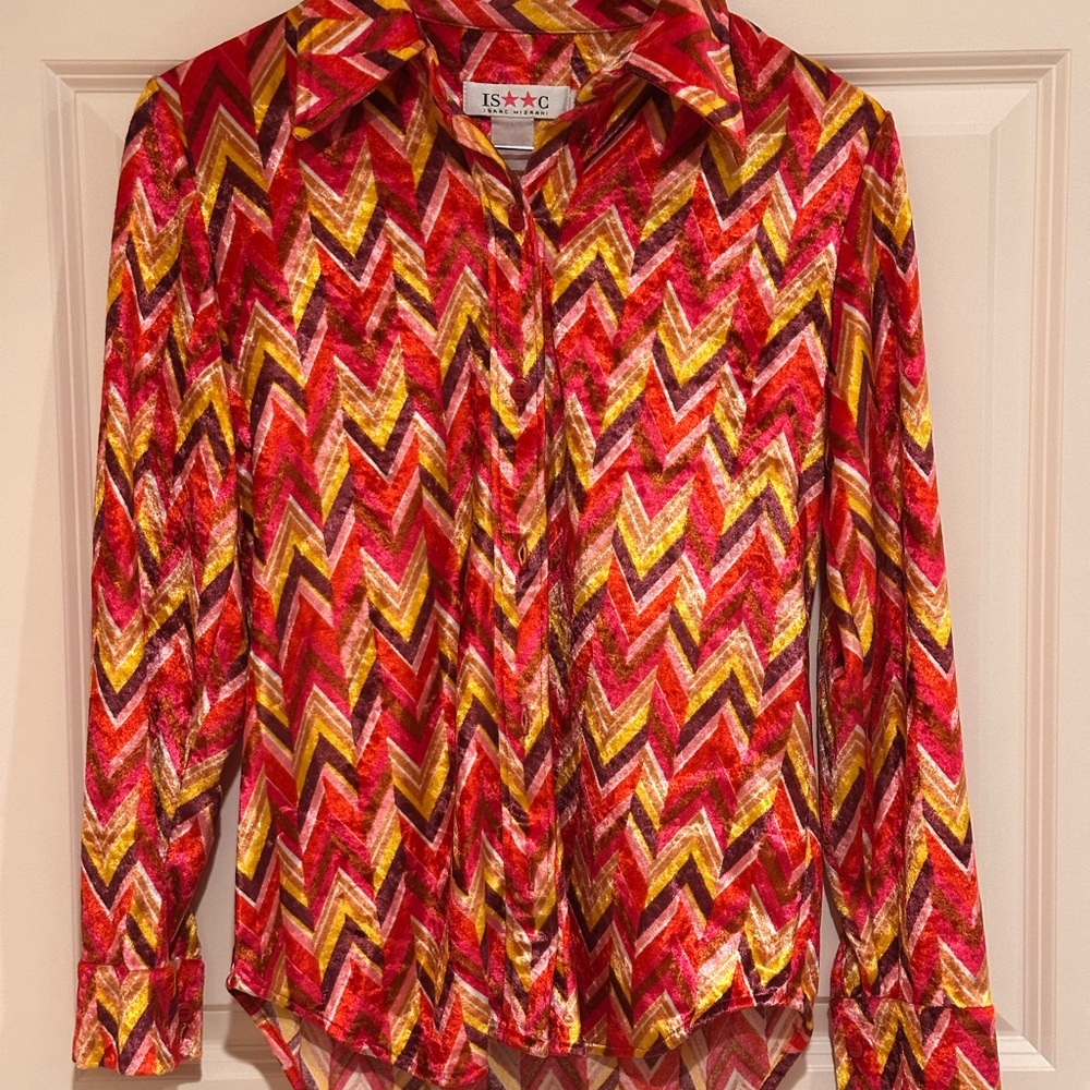 Vintage Isaac Mizrahi Red and Yellow Graphic Button Down Velour Shirt